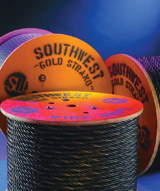 The spools of Southwest Wire Rope Gold Strand 100 steel cable made by Southwest Wire Rope