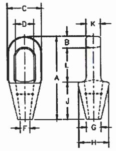 A technical drawing of end fittings with closed sockets by Southwest Wire Rope