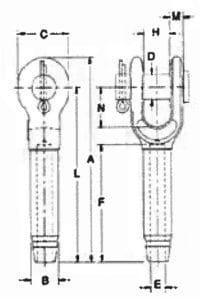 A technical drawing of end fitting with open swaged sockets by Southwest Wire Rope
