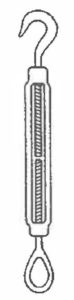 A technical rendering of a turnbuckle with hook and eye ends by Southwest Wire Rope