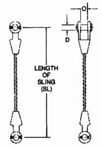 A technical drawing of slings with 1 leg and open poured Sockets by Southwest Wire Rope